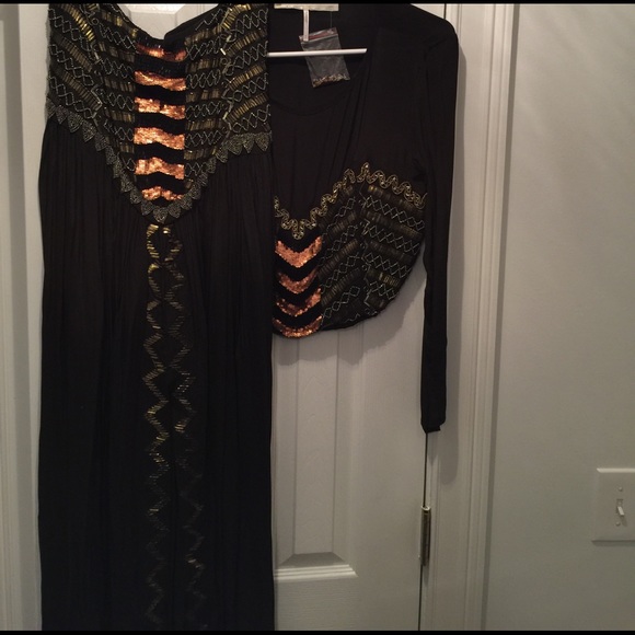 Holiday Embellished Set, beading/sparkly, maxi skirt, long sleeves, crop top - Picture 2 of 4